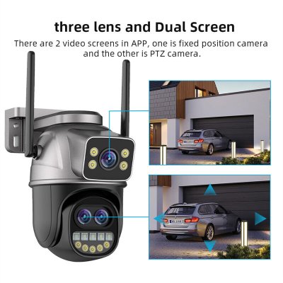 Guudgo 4K HD WiFi IP Camera 8MP Three Lens 5X Zoom Outdoor Security Camera Night Vision Motion Detection 2-way Audio IP66 Waterproof Wireless PTZ Surveillance Cameras