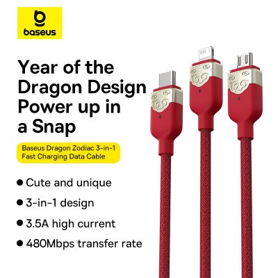 Baseus Dragon Zodiac 3.5A USB-A to Micro/iP/Type-C Cable Fast Charging Data Transmission Copper Core Line 1.2M Long for iPhone 15 15 Plus 14 13 for Huawei Mate60 Pro for Samsung Galaxy Z Flip4 for Xia