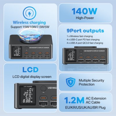 WLX-818DP 140W 8-Port USB PD Charger 4USB-A+4USB-C PD QC3.0 Fast Charging Desktop Charging Station with Wireless Charger Pad EU Plug US Plug for iPhone 12 13 14 14Pro for Huawei Mate50 for Samsung Gal