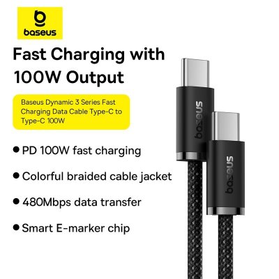 Baseus Dynamic 3 Series PD100W Type-C to Type-C Cable Fast Charging Data Transmission Tinned Copper Core Line 1M/2M Long for iPhone 15 15Plus for Huawei Mate60 Pro for Samsung Galaxy Flip5 for Xiaomi