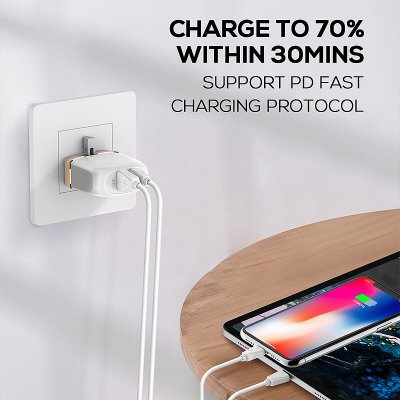 LDNIO A2316C 20W 2-Port USB PD Charger USB-A+USB-C PD QC3.0 Fast Charging Wall Charger Adapter EU Plug with 1M USB-A/Type-C to Type-C Cable COD