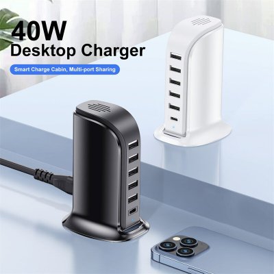 40W 6-Port USB PD Charger 5USB-A+USB-C Fast Charging Desktop Charging Station EU Plug for iPhone 15 14 13 for Huawei Mate60 Pro for Samsung Galaxy S24 for Xiaomi 14pro