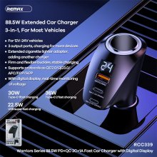 for REMAX RCC339 88.5W 3-Port USB Car Charger Adapter USB-A+Dual Type-C QC+PD Fast Charging with Blue LED for iPhone 13 14 14Pro 14Pro Max for Huawei Mate50 for Samsung Galaxy S23 for Oppo Reno9