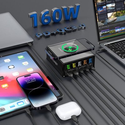 BlitzWolf® 868H 160W 5-Port USB PD Desktop Charger Dual USB-A QC3.0+Dual PD65W Type-C+65W Type-C PD3.0 with 15W 10W 7.5W 5W Wireless Fast Charger for iPhone 14 14 Pro Max for Samsung Galaxy Z Fold