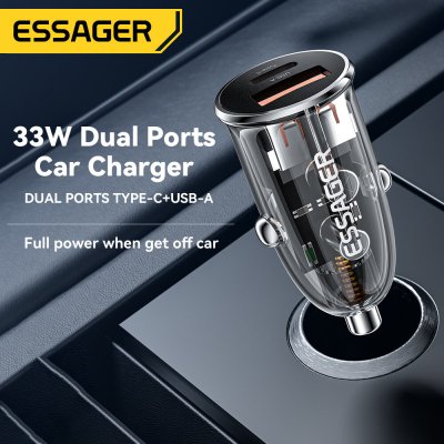 ESSAGER F712 PD33W 2-Port USB PD Car Charger Adapter USB-A+Type-C Support PPS PD3.0 PD2.0 QC3.0 QC2.0 AFC FCP HV-SCP BC1.2 DCP iP2.4A Fast Charging for iPhone 13 14 14Pro for Huawei Mate50 for Redmi K