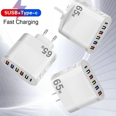 LYK-881 65W 6-Port USB Charger 5USB-A+Type-C ast Charging Wall Charger Adapter EU Plug US Plug for iPhone 12 13 14 14 Pro for Samsung Galaxy S23 for Xiaomi13pro for Oppo Reno9