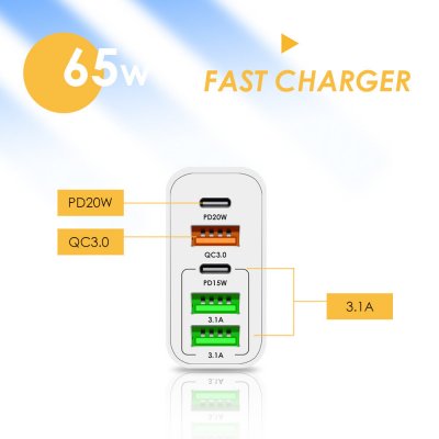 F002 65W 5-Port USB PD Charger 3USB-A+2USB-C PD QC3.0 Fast Charging Wall Charger Adapter EU Plug for iPhone 12 13 14 14 Pro for Samsung Galaxy S23 for Redmi K60 for Oppo Reno9