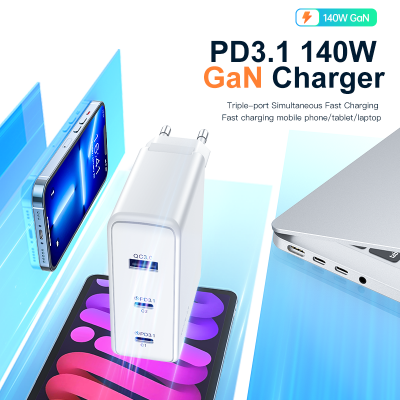 [GaN Tech] KUULAA PST-140UC2-LB 140W 3-Port USB PD Charger Dual Type-C+USB-A QC3.0 PD3.1 PPS SCP AFC BC1.2 Fast Charging Wall Charger Adapter EU Plug US Plug with 240W Type-C to Type-C Cable