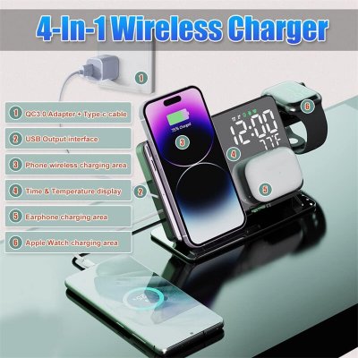 W669B 15W Wireless Charger Fast Wireless Charging Station with Alarm Clock for Smart Phones for iPhone 15 14 13 for Huawei Mate60 Pro for Samsung Galaxy Z Flip4 for Airpods for Smart Watch