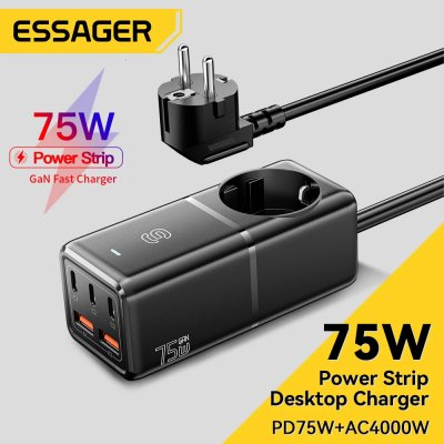 [GaN Tech] ESSAGER WL-Gan75-EU 75W 5-Port USB PD Charger 3USB-C+2USB-A QC2.0 3.0 4.0 PD2.0 3.0 FCP SCP DCP PPS BC1.2 Apple2.4A Fast Charging Desktop Charging Station EU Plug for iPhone 15 14 13 12 for