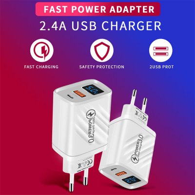 20W 2-Port USB PD Charger USB-A+Type-C PD QC3.0 2.0 AFC FCP Apple2.4A Fast Charging Wall Charger Adapter EU Plug for iPhone 15 14 13 for Huawei Mate60 Pro for Xiaomi 13pro for Samsung Galaxy Z Flip4