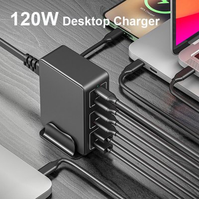 818H 120W 6-Port USB PD Charger 3USB-A+3USB-C PD QC3.0 SCP FCP AFC DCP PPS MTK BC1.2 Fast Charging Desktop Charging Station EU Plug US Plug for iPhone 12 13 14 14 Pro for Huawei Mate50 for Samsung Gal