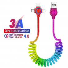 3A 3in 1 USB-A to iP/Type-C/Micro USB Spring Cable Fast Charging Data Transmission Copper Core Line 1M Long for Huawei Mate50 for Samsung Galaxy S23 for Xiaomi 13 for Oppo Reno9 for iPhone 12 13 14 14