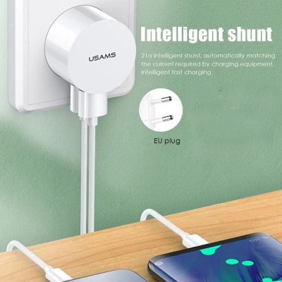 USAMS US-CC080 T20 5V 2.1A 2-Port USB Charger Dual USB-A Fast Charging Wall Charger Adapter EU Plug for iPhone 15 14 13 for Xiaomi 14pro for Huawei Mate60 Pro