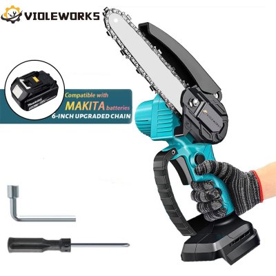 VIOLEWORKS 21V Mini Chainsaw Compact Power Tool with Pure Copper Motor Lightweight 6-inch Pruner with Safety Lock & Upper Deflector Ideal for Pruning Camping Wood Cutting & Gardening