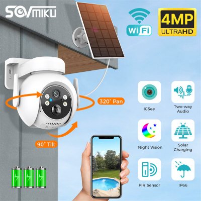 Sovmiku WTD614 2K 4MP Solar PTZ WiFi Camera Outdoor Wireless IP Cam with Solar Panel Night Vision Humanoid Detection Two-way Audio Video Surveillance Cameras IP66 Waterproof 7800mAh Rechargeable Batte