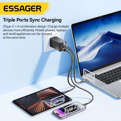 [GaN Tech] ESSAGER JT-G67TC2U1 67W 3-Port USB PD Charger 2USB-C+USB-A QC2.0 3.0 4.0 PD3.0 AFC FCP SCP DCP BC1.2 Apple2.4A Fast Charging Wall Charger Adapter EU Plug for iPhone 15 14 13 for Huawei Mate