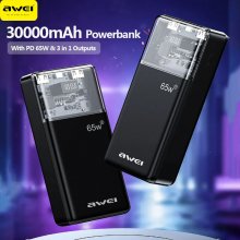 Awei P109K 65W 30000mAh LED Digital Display Power Bank External Battery Power Supply with 1 Input & 3 Outputs PD QC Fast Charging for iPhone 15 14 13 for Huawei Mate60 for Xiaomi 14pro for Oppo Find X