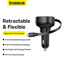 Baseus Enjoyment Pro 60W 1-Port USB Car Charger Built-in Retractable Type-C Cable Support QC3.0 2.0 PD3.0 2.0 SCP FCP PPS Fast Charging for iPhone 13 14 15 15 Pro for Samsung Galaxy S23 for Xiaomi 13p