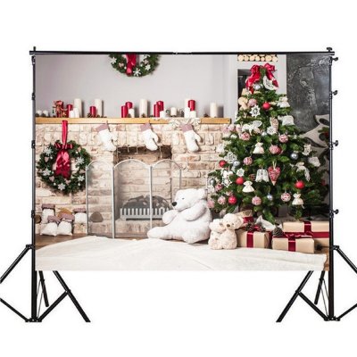 Christmas Photography Backdrop 3D Tree Brick Fireplace White Bear Printed Vinyl Photo Studio Background Cloth COD