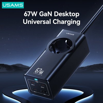 [GaN Tech] USAMS CC225 67W 4-Port USB PD Charger USB-A+3USB-C PD QC FCP AFC PPS Fast Charging Desktop Charging Station EU Plug with 1.5M Extension Cable 2200W AC Output