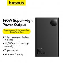 Baseus Adaman 140W 86.4Wh 24000mAh Digital Display Power Bank External Battery Power Supply with 1 Input & 3 Outputs Support PD SCP QC FCP Fast Charging with 240W Type-C to Type-C Cable for iPhone 15