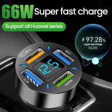 66W 4-Port USB PD Car Charger Adapter Dual 2.4A USB-A PD QC3.0 Fast Charging with Blue LED for iPhone 13 14 14 Pro Max for Huawei Mate50 for Samsung Galaxy S22 for Redmi K60 for OPPO Reno9
