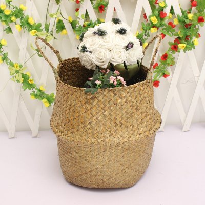 Folding Flower Pot Plant Straw Storage Baskets Flower Vase Handmade Hanging Basket Home Decor