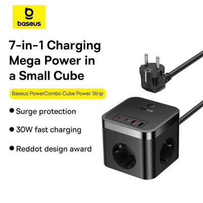 Baseus PowerCombo Cube Power Strip 30W 7-Port USB Charger 3AC+2USB-A+2USB-C Fast Charging Desktop Charging Station EU Plug for iPhone 15 14 13 for Huawei Mate60 Pro for Xiaomi 14pro for Samsung Galaxy