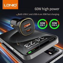 LDNIO 60W 2-Port USB PD Car Charger Adapter 30W USB-A+30W USB-C Support PD QC3.0 PPS Fast Charging for iPhone 15 14 13 for Huawei Mate60 Pro for Xiaomi 14pro for iPad Pro for NS