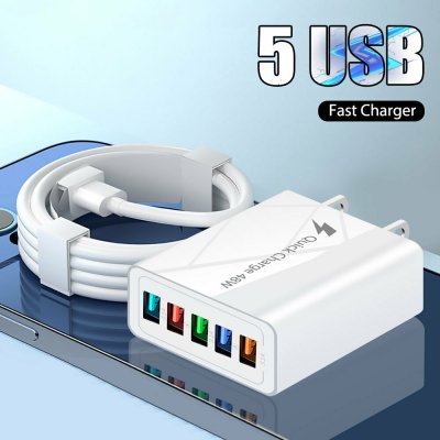 48W 5-Port USB Charger 5USB-A Fast Charging Wall Charger Adapter EU Plug US Plug for iPhone 12 13 14 14 Pro for Huawei Mate50 for Samsung Galaxy S23 for Xiaomi 13pro for Oppo Reno9 for Redmi K60