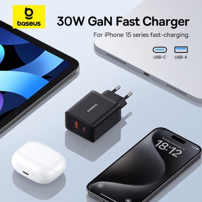 Baseus Cube 30W 2-Port USB PD Charger USB-A+Type-C PD3.0 QC3.0 BC1.2 PPS Apple 2.4 Fast Charging Wall Charger Adapter EU Plug for iPhone 15 14 13 for Huawei Mate60 Pro for Samsung S24 for Xiaomi 14pro