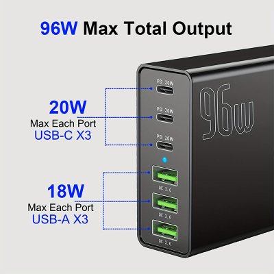 PD96W 6-Port USB PD Charger 3USB-C+3USB-A PD3.0 QC3.0 Fast Charging Desktop Charging Station EU Plug for iPhone 12 13 14 14 Pro for Huawei Mate50 for Samsung Galaxy S23 for Oppo Reno9