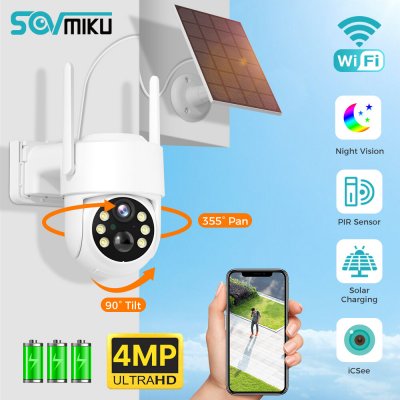 Sovmiku WTD714 4MP HD WiFi PTZ Camera Outdoor Wireless Solar Powered IP Camera Night Vision PIR Motion Detection Two-way Audio Built-in 8000mAh Battery Video IP Surveillance Camera Long Time Standby
